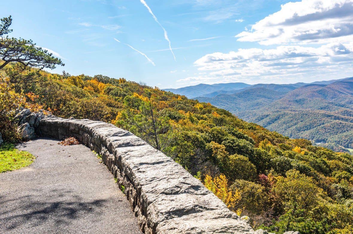 Scenic view of Skyline Drive in Shenandoah National Park during fall foliage